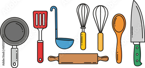 Collection of colorful kitchen utensils for cooking and baking preparation