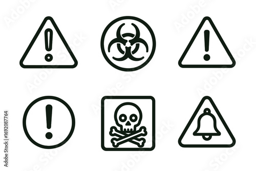 Set of hazard and warning signs including biohazard and skull symbols