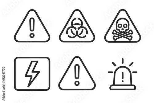 Vector warning signs: hazard, biohazard, skull, lightning, alert, siren