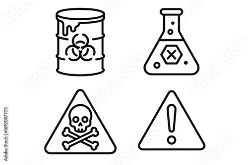 Hazardous materials and warning symbols: toxic, chemical, and danger icons in black and white
