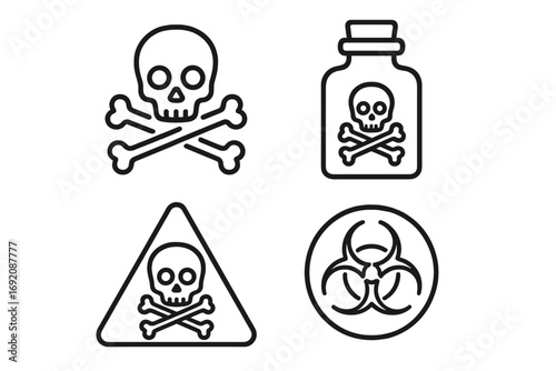 Warning symbols: skull crossbones and biohazard icons indicating danger and toxicity