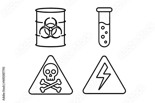 Hazard symbols: biohazard barrel, test tube, skull, lightning bolt