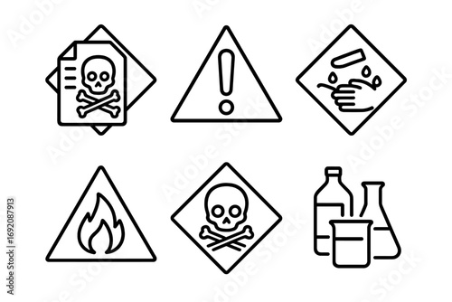 Hazard symbols: toxic, caution, corrosive, flammable, chemical containers