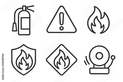 Fire safety icons: extinguisher, warning, flame, shield, alarm