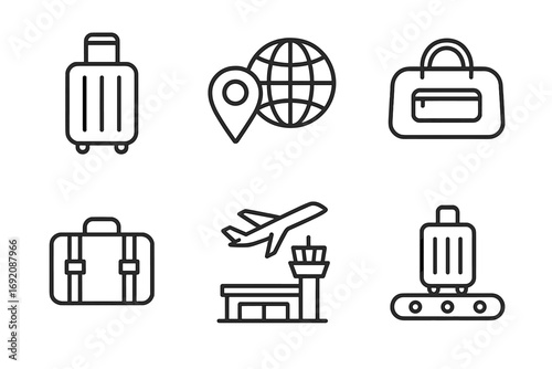 Travel icons: suitcase, globe, plane, airport, luggage, baggage
