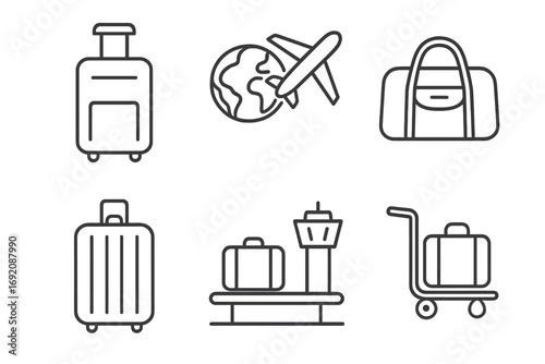 Travel icons: suitcase, airplane, globe, terminal, luggage, cart – simple line art