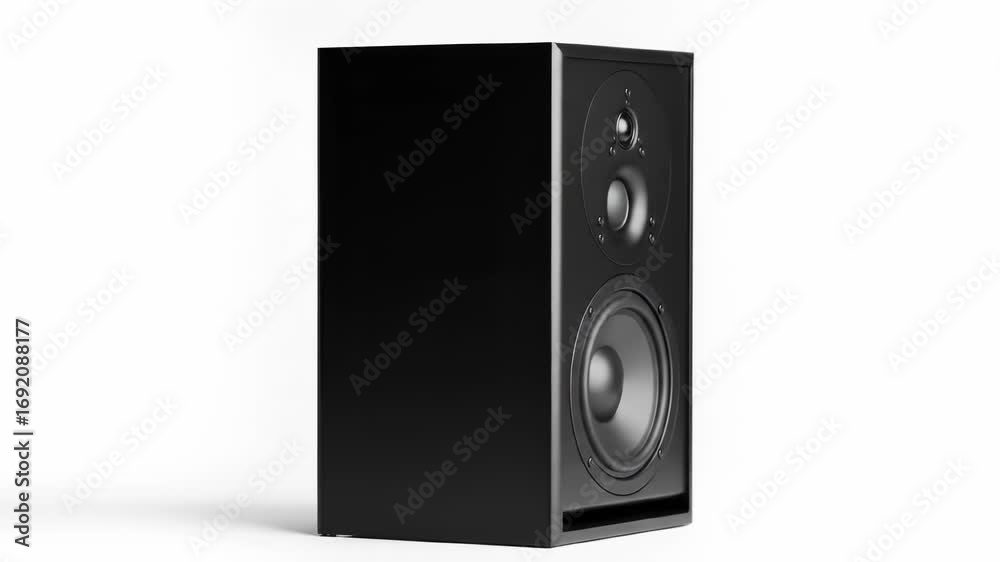 A black rectangular speaker sits on a white background, angled to show ...