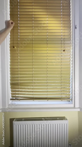 Wallpaper Mural Vertical video social media - Closeup of a hand pulling on a cord to open the venetian blind over an inside room window, overlooking a garden and a facing terrace of period houses. Torontodigital.ca
