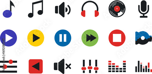 Collection of colorful music and audio playback icons for digital media and sound controls.