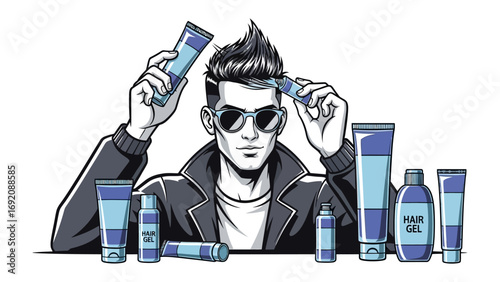 Stylish young man with a punk rock haircut using clippers and surrounded by various hair styling products and grooming tools