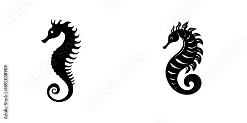Minimalist black-and-white vector silhouettes of two seahorses with unique designs showcasing elegance and simplicity
