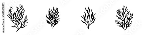 Black and white vector illustration of minimalist plant silhouettes in various organic shapes for decorative use