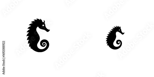 Minimalist black-and-white vector illustration of seahorses showcasing different sizes and graceful silhouettes