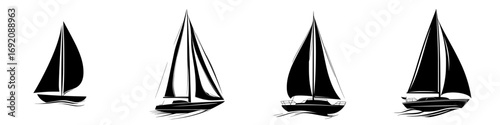 Minimalist black-and-white vector illustrations of various sailboats on water showcasing different designs and angles
