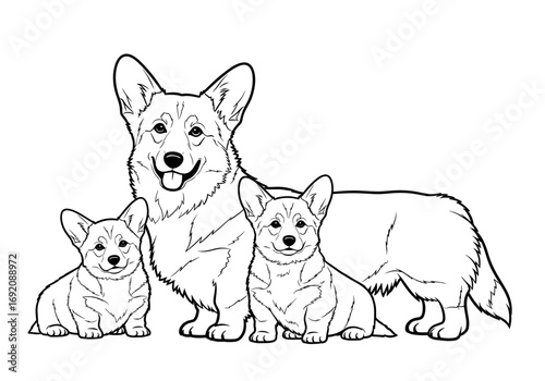 Adult Corgi with two playful puppies in a charming pose
