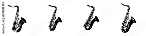 Black-and-white minimalist vector illustration of saxophones arranged in a sequential manner showcasing musical elegance and design simplicity