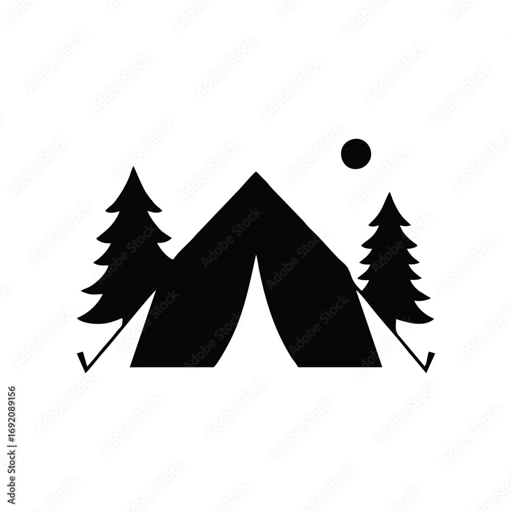 Fototapeta premium A minimalist black and white illustration of a tent pitched between two pine trees under a full moon.
