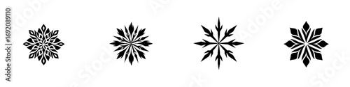 Black and white vector illustration of minimalist snowflake designs with geometric and floral elements