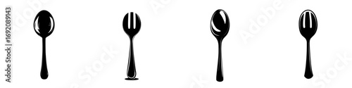 Minimalist black-and-white vector illustration of four kitchen utensils including spoons and a fork in simple silhouettes