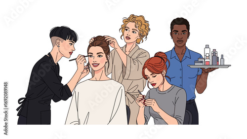 Diverse group of makeup artists and beauty professionals applying cosmetics and styling hair for clients in a salon setting with products
