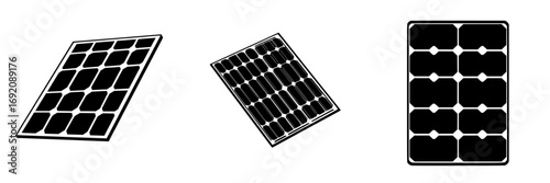 Solar panel collection in black-and-white minimalist style illustrating renewable energy solutions and sustainability