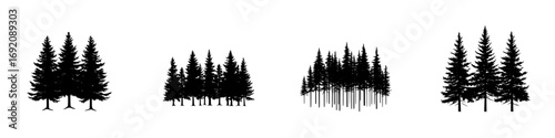Black and white vector illustration of minimalist tree silhouettes in various forms showcasing forest diversity