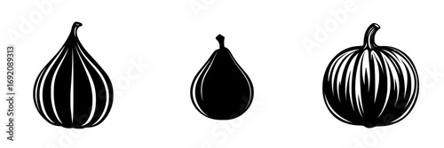 Unique black-and-white vector illustration of pumpkins and figs showcasing minimalist design elements