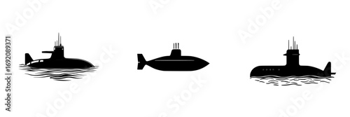 Minimalist black and white vector illustration of submarines in various positions on the water surface