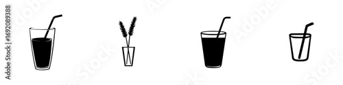 Minimalist black-and-white vector illustrations of drinks and decorative plants in simple silhouettes