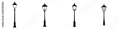 Various minimalist black-and-white vector illustrations of street lamps in a simple silhouette style