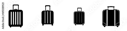 Minimalist black-and-white vector illustration of different suitcase silhouettes for travel design