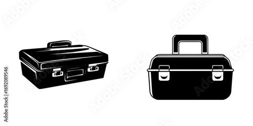 Vector illustration of minimalist black-and-white silhouette of two toolboxes designed for versatility and storage