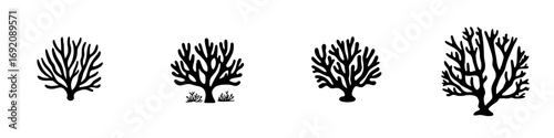 Diverse silhouettes of coral reef formations created in black and white minimalist style for creative design applications