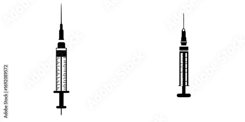Minimalist black-and-white vector illustration of medical syringes in a simple silhouette style