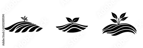 Minimalist black-and-white vector illustration of silhouettes depicting plants growing on hills with wavy lines