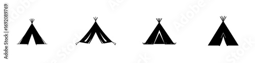 Minimalist vector illustration featuring various black-and-white teepee silhouettes in a simplistic design style