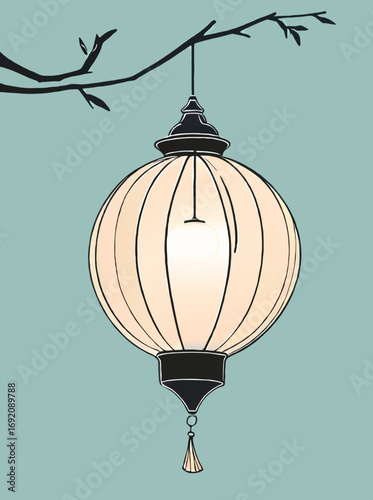 asian style lantern on a branch cartoon vector illustration