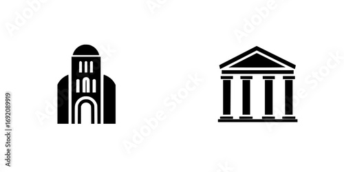 Minimalist black-and-white vector icons of architectural structures representing a building and a classical temple design