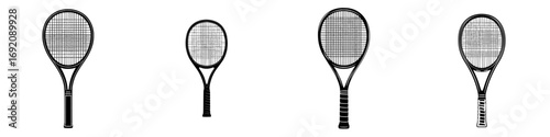 Vector illustration of black-and-white minimalist tennis racket silhouettes in a simple, modern style