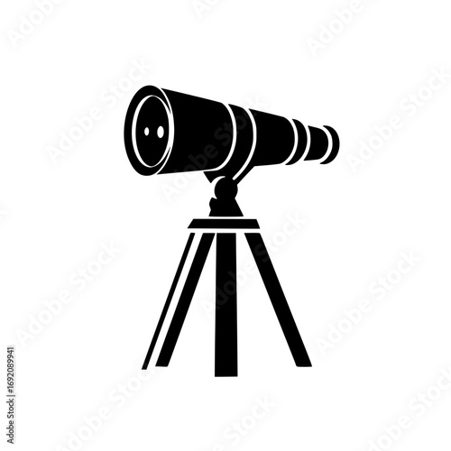 Black-and-white minimalist vector illustration of a telescope on a tripod for observation of celestial bodies