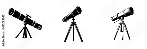 Vector illustration of black-and-white telescope icons showcasing minimalist design and silhouette style for astronomical observation
