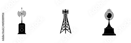 Minimalist black-and-white vector illustration of communication towers showcasing various antenna designs
