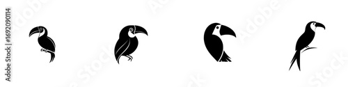Vector illustration of minimalist black-and-white toucan silhouettes showcasing different poses and angles