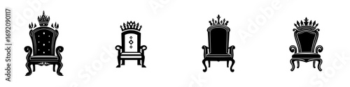 Elegant black-and-white vector illustration of four minimalist throne designs showcasing royal silhouettes