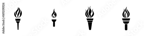 Various black-and-white minimalist torch icon designs depicting flames in a clean and simple silhouette style