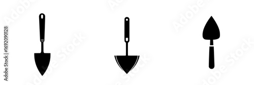 Gardening tools vector illustration featuring minimalist black-and-white shovel and trowel designs suitable for various uses