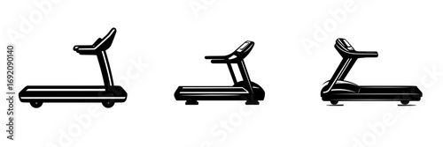Minimalist black-and-white vector illustration of three variations of a treadmill in simple silhouette style