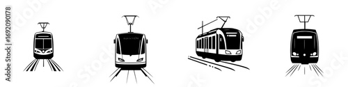 Vector illustration of minimalist black-and-white tram silhouettes on tracks in a city environment