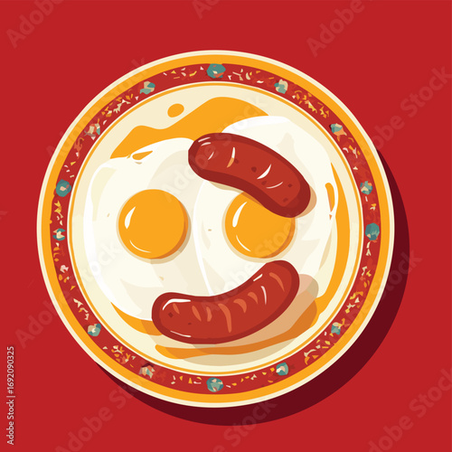 Vector illustration of Italian Sausage on a plate with fried eggs for kitchen wall poster