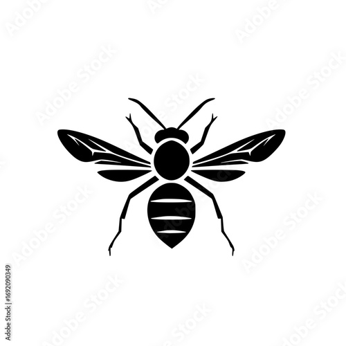 Black and white minimalist vector illustration of a bee silhouette showcasing intricate design features